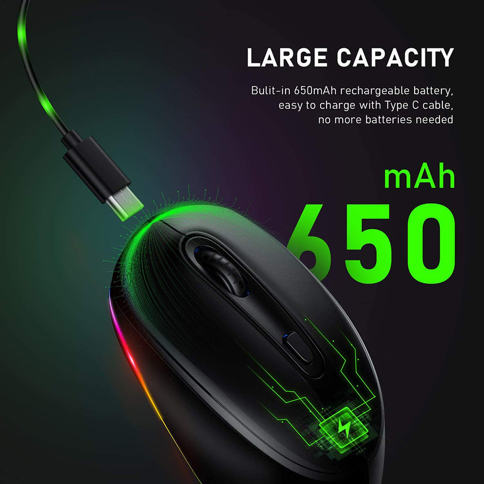 Black computer mouse with green lighting and a USB Type-C cable, highlighting a 650mAh battery capacity.