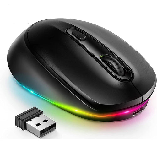 Black wireless mouse with USB receiver on a white background