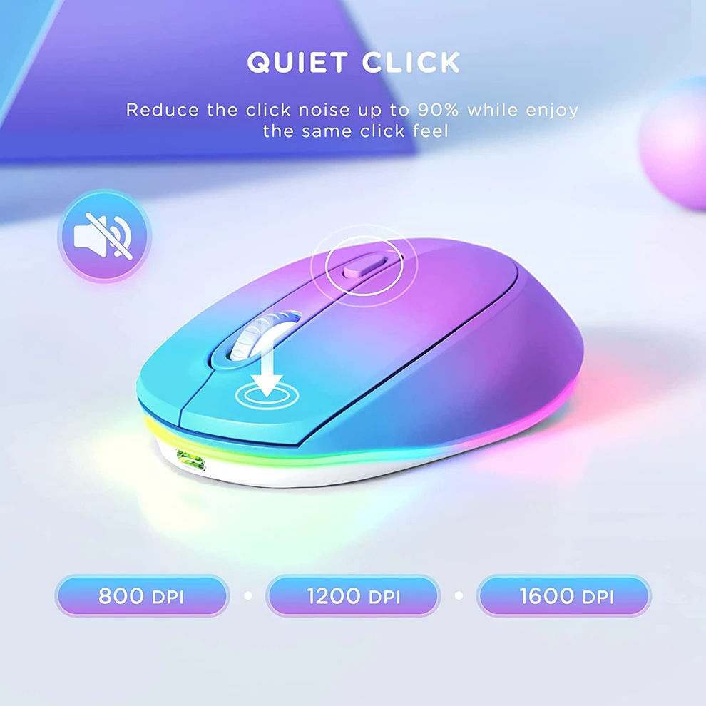 Colorful gaming mouse with RGB lighting on a gradient background, featuring text about quiet click technology.
