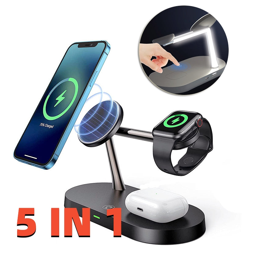 5-in-1 Magnetic Wireless Charging Station – Phone, Watch, Earbuds (15W Fast Charge)