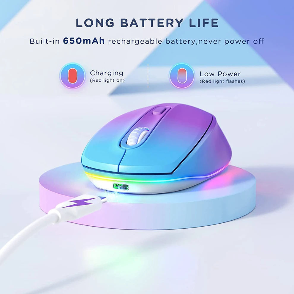 Gaming mouse with RGB lighting on a white background, featuring text about long battery life and rechargeable battery.